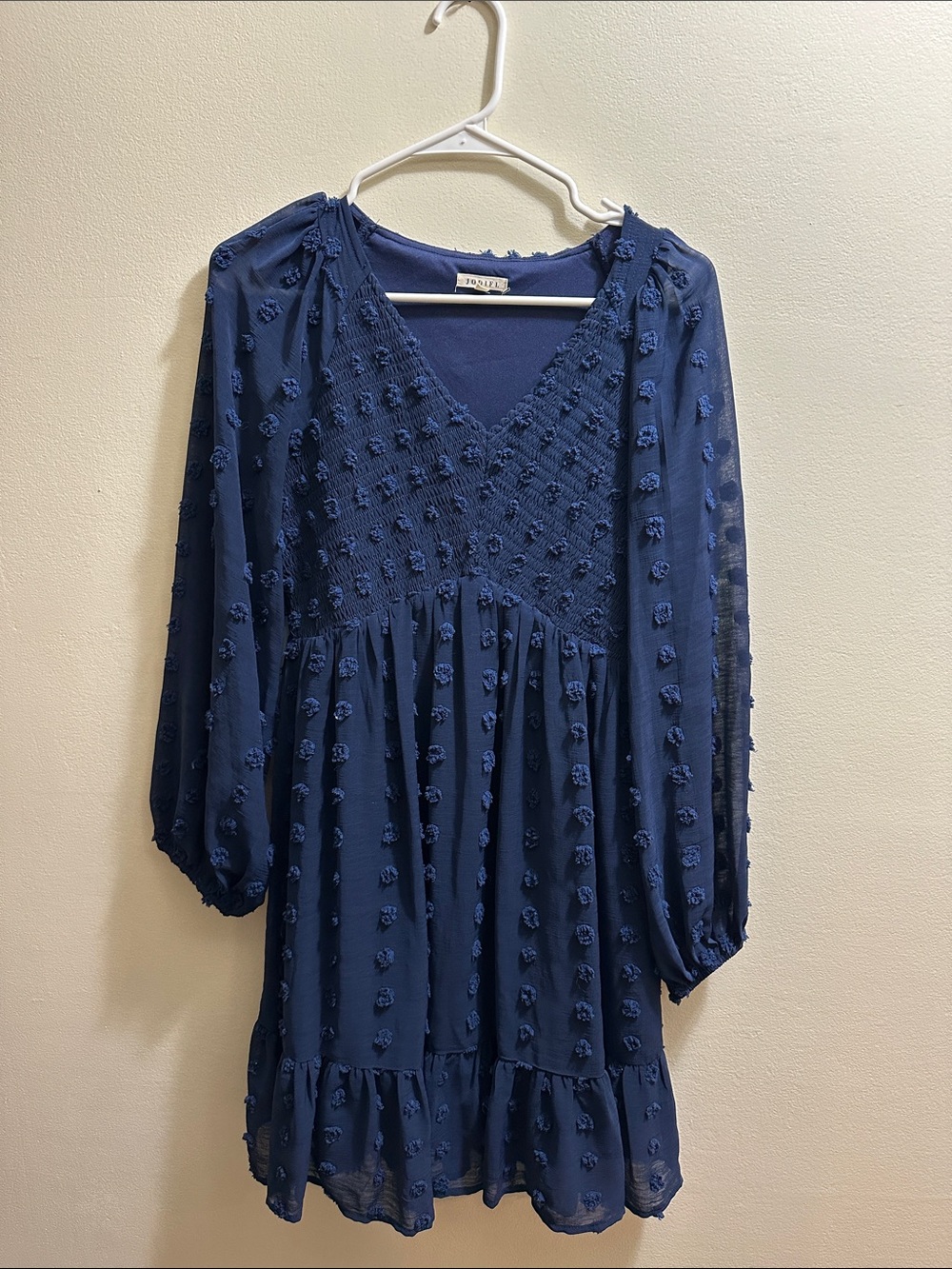 Maternity Navy Textured V-Neck Smocked Long Sleeve Dress
